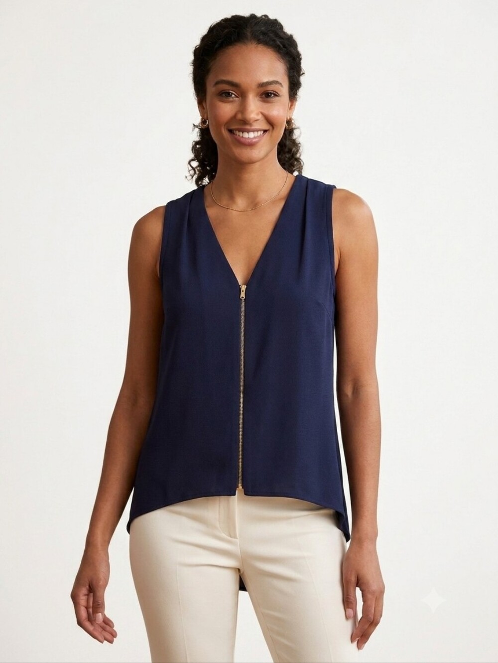 Trina Turk V-Neck Front-Zip Sleeveless Tank Blouse Navy Blue Size M